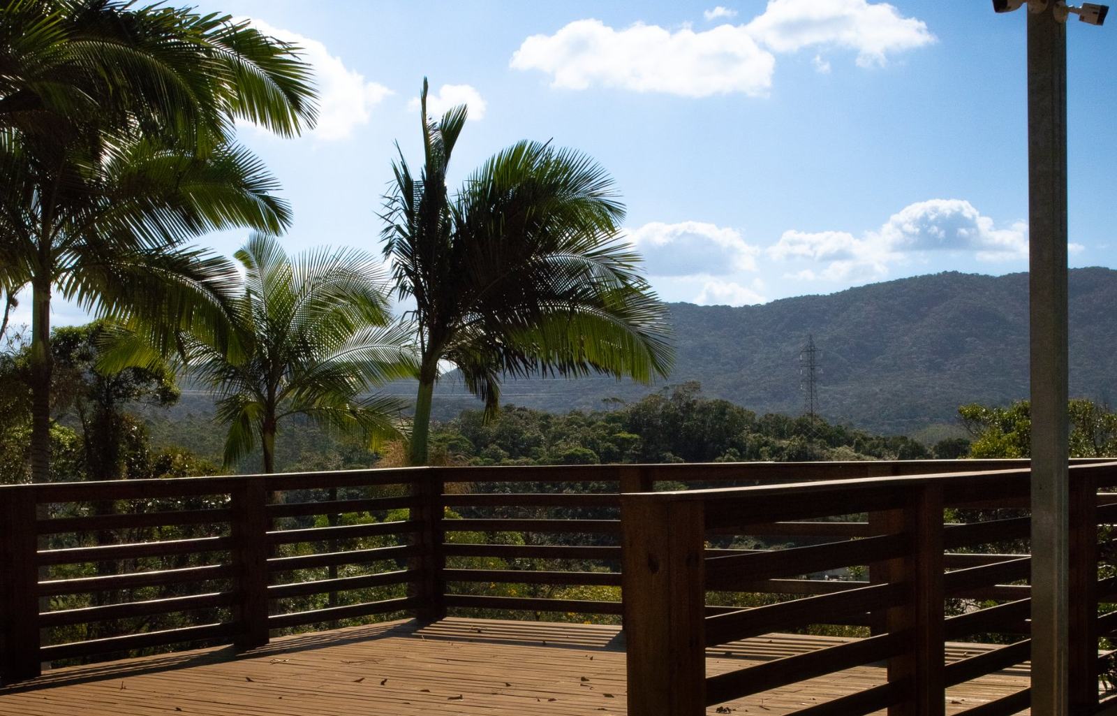 Deck mirante de madeira com palmeiras e montanhas ao fundo